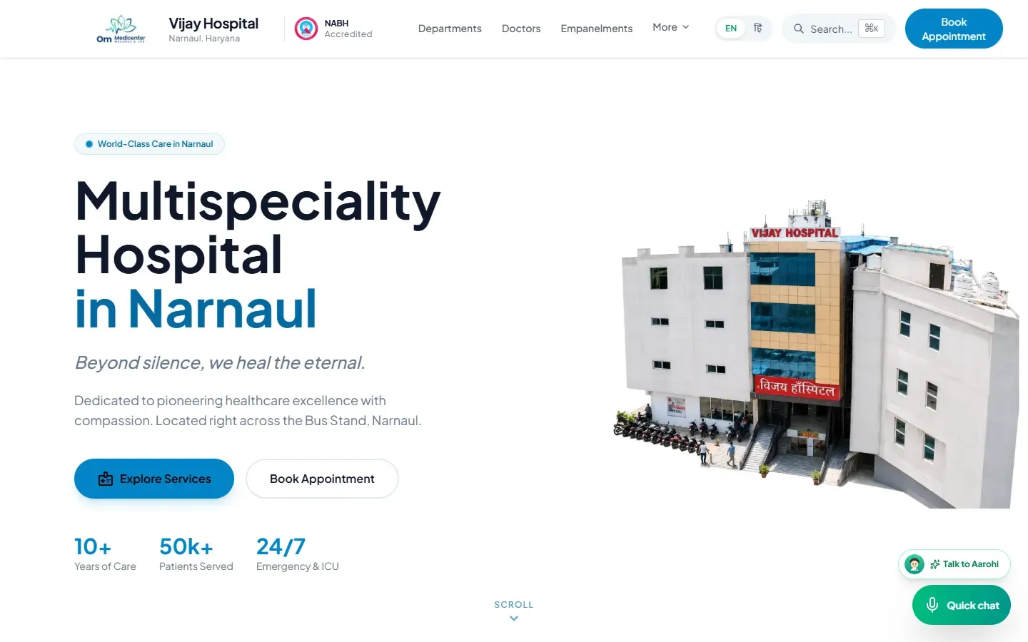 Vijay Hospital website home page on desktop